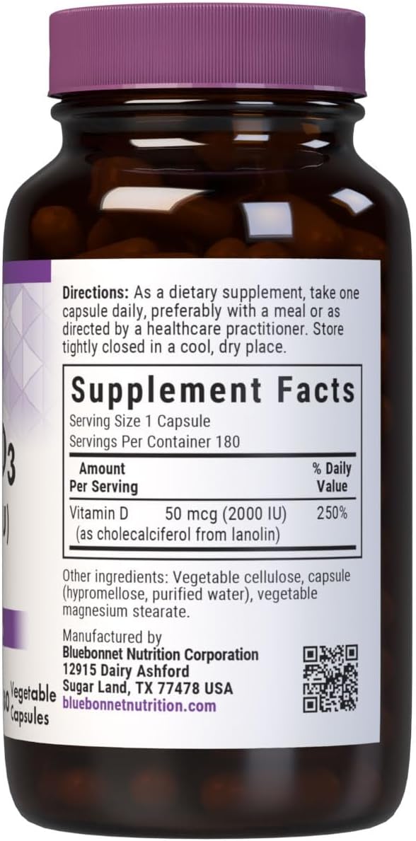 Bluebonnet Nutrition Vitamin D3 2000 IU Vegetable Capsule Aid in Muscle and Skeletal Growth Cholecalciferol from Lanolin D3 Non GMO Gluten Free Soy Free Milk Free Kosher 180 Vegetable Capsule