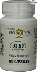 Bio-Tech Pharmacal D3-50 50000 IU 100 Capsules Ð All-Natural Supplement Ð Supports Bone Heart Neuromuscular &amp Immune Health Ð No Dairy Fish Gluten Peanut Shellfish &amp Soy