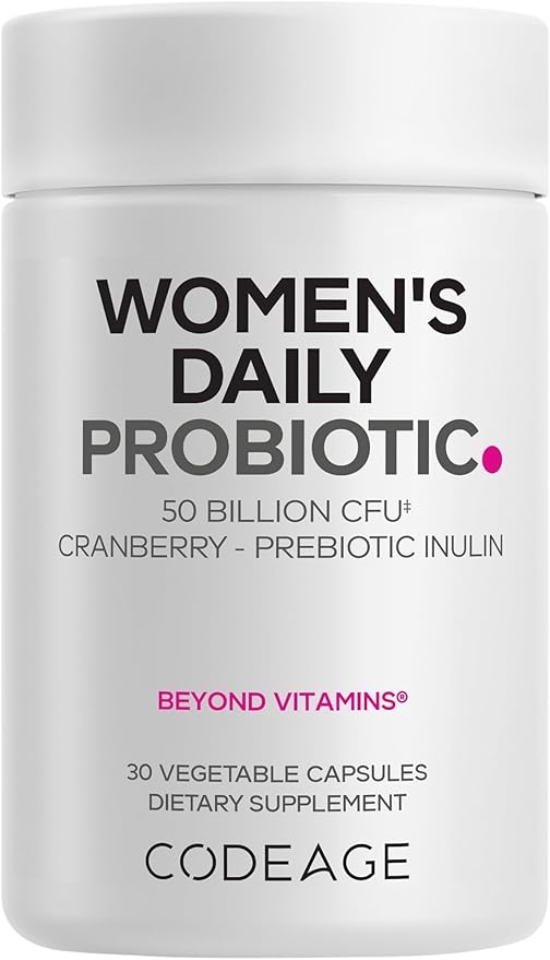 Codeage Women’s Daily Probiotic Supplement – 50 Billion CFU Supplement Cranberry Fruit Powder Prebiotic Chicory Root Inulin – Women’s Wellness Support – 1 Capsule Per Serving - Non-GMO – 30 Capsules