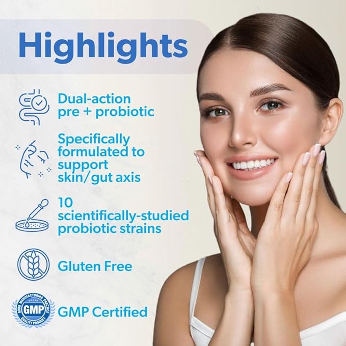 belle+bella Probiotic Skin Therapy - Dual Action Probiotic &amp Prebiotic Supplement for Healthy Glowing Skin from Within - Non-GMO Vegan &amp Gluten Free - 30 Caps