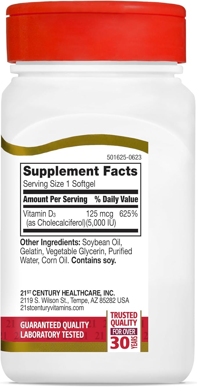 21st Century Healthcare Vitamin D3 125 mcg (5000 IU) Rapid Release Softgels 110 Count (Pack of 2)