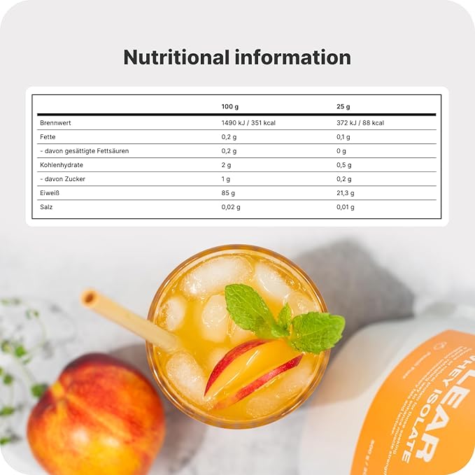 Clear Whey Isolate Fresh Fruity Protein Flavour Sweetened with Stevia Over 85% Protein Natural Ingredients No Artificial Flavours and Dyes (17.64 oz) (Peach Fuzz)