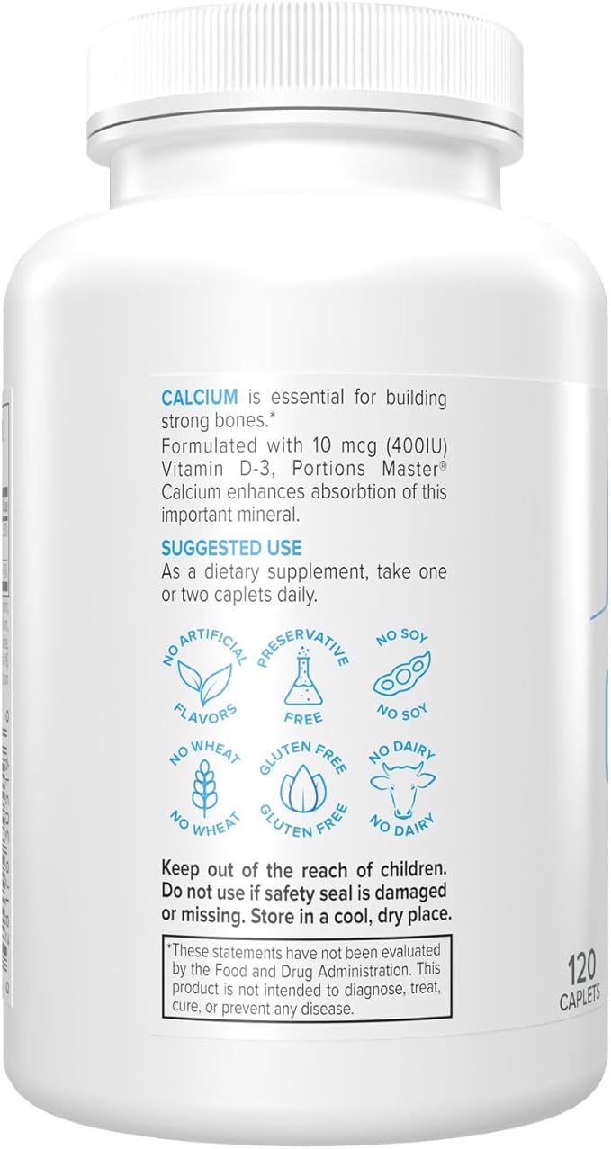 Portions Master Calcium Mineral Bone Support High Absorption Calcium with Vitamin D3 &amp MagnesiumSupports Strong Bones Teeth &amp Joint Health Non-GMO Gluten-Free (120 Vegetarian Capsules)
