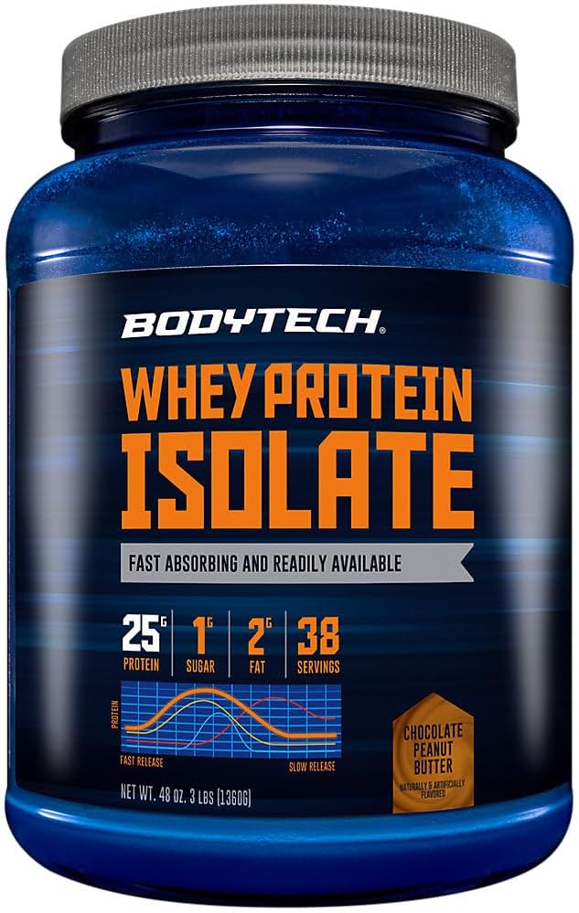 BodyTech Whey Protein Isolate Powder - 25g Protein per Serving with BCAAs - Fast-Absorbing for Muscle Growth &amp Recovery - Rich Chocolate (3 lb 38 Servings)