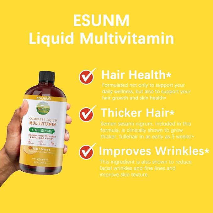 Complete Liquid Multivitamin + Hair Growth Promotes Energy Metabolism&amp Skin and Hair Function| Vitamin C D | B Vitamins | Help to Thicker Hair Wrinkles Fine Lines Skin Care