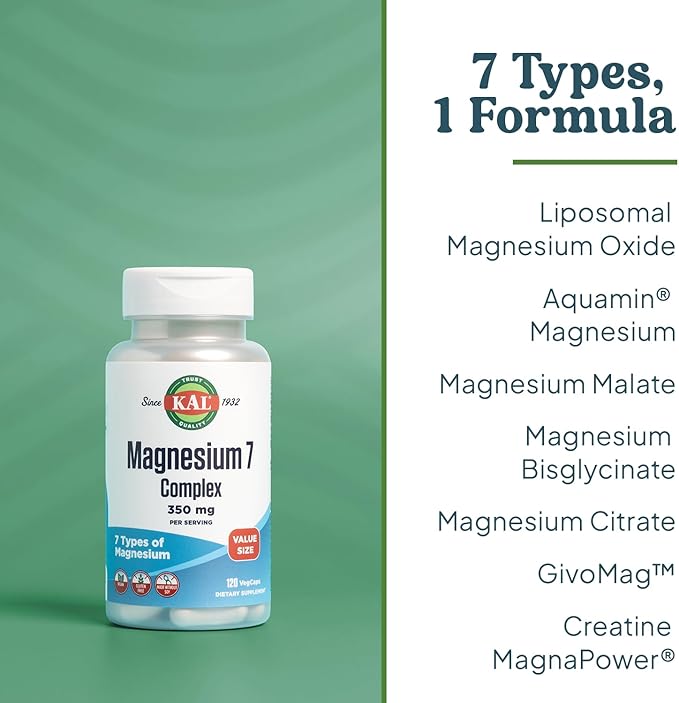 KAL Magnesium Complex 7 - Total Complex with Magnesium Glycinate Citrate Malate and More - Relaxation and Whole Body Support Supplements - Vegan 60-Day Guarantee - 60 Servings - 120 VegCaps