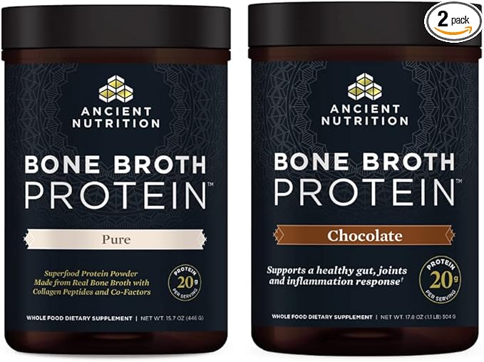 Ancient Nutrition Bone Broth Protein Powder Pure 20 Servings + Bone Broth Protein Powder Chocolate 20 Servings