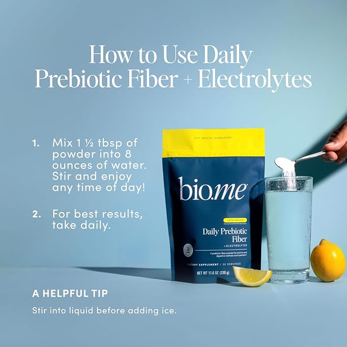 Bio.me Daily Prebiotic Fiber Lemonade with Electrolytes - 7g Per Serving - Soluble Fiber Supplement Powder for Women &amp Men - Digestive Health Gut Health &amp Hydration - Sugar Free - 30 Servings