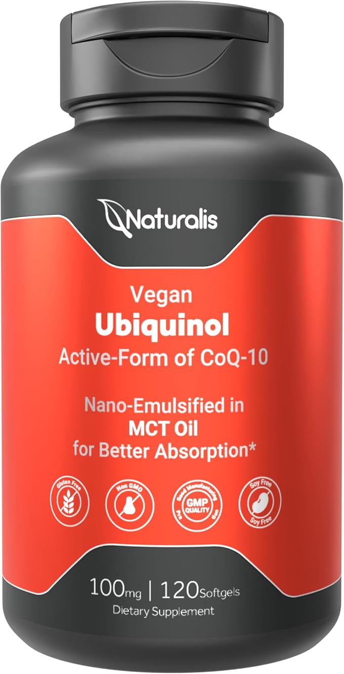 Naturalis Ubiquinol 100mg Active CoQ-10 Emulsified in MCT Oil for Better Absorption | Gluten Free Non-GMO &amp Soy-Free | Cardiovascular Wellness Antioxidant Protection and Healthy Skin*| 120 Soft