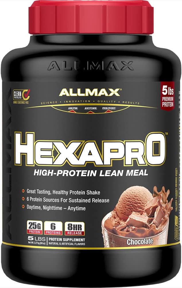 ALLMAX HEXAPRO Chocolate - 5 lb - 25 Grams of Protein Per Serving - 8-Hour Sustained Release - Zero Sugar - 52 Servings