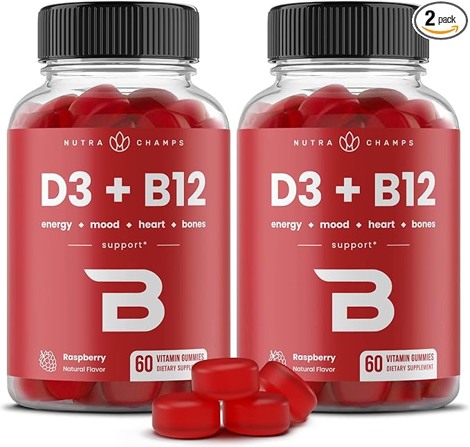 NutraChamps Vitamin D3 &amp B12 Methyl B12 Gummies for Adults &amp Kids Enhanced with Vitamin D 3 &amp B9 Vitamin Folate Natural Energy Mood Metabolism &amp Focus Raspberry 120 Gummies (Pac