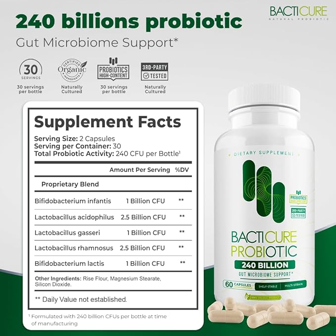 Bacticure Probiotic 60 Capsules | High CFU Probiotics for Women &amp Men | Digestive Support with Prebiotics &amp Digestive Enzymes | Daily Gut Microbiome Balance Regularity &amp Immune Support