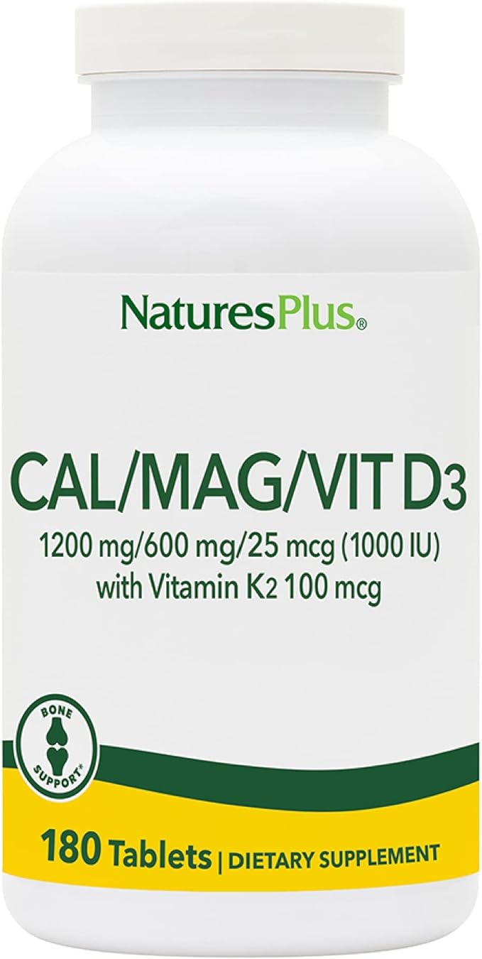 NaturesPlus Calcium/Magnesium/Vitamin D3 with Vitamin K2 - Supports Bone &amp Immune Health - Vegetarian Gluten Free - 180 Tablets - 45 Servings