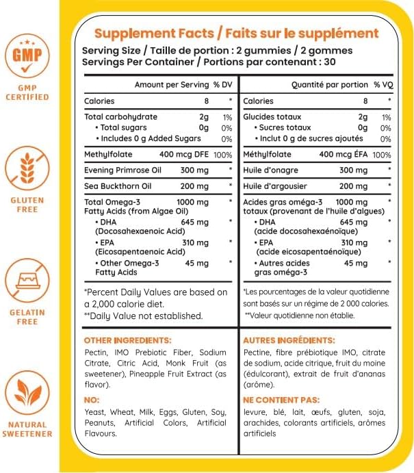 Women Vegan Omega 3-6-7 Gummies (60 ct) 1000mg Algae Oil DHA EPA Sea Buckthorn Evening Primrose Oil No Added Sugar Supplement Fish Oil Alternative for Adults