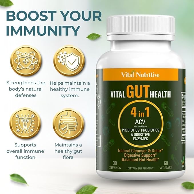 Vital Gut Health 4in1 Formula with Apple Cider Vinegar Prebiotics &amp Probiotics Digestive Enzymes for Strong Immunity Support and Complete Gut and Digestion Support- 30 Days Supply