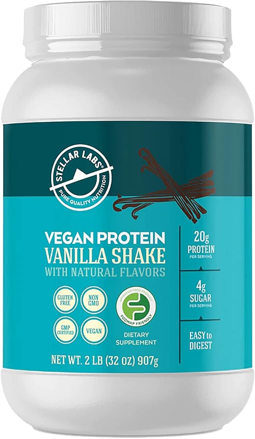 Stellar Labs Vegan Protein Powder with BCAA's &amp Antioxidants | Certified Low FODMAP Non GMO Gluten Free Soy Free Low Carb with Stevia | Lean Plant Based Protein Powder Shakes | Vanilla