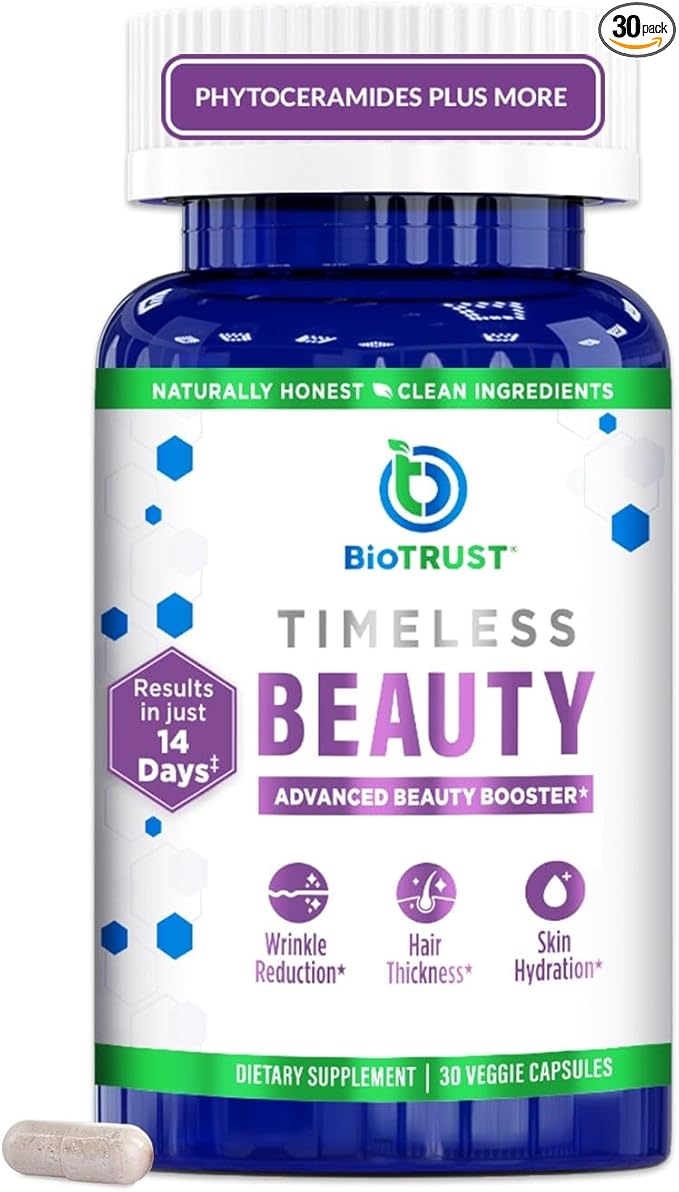 BioTrust Timeless Beauty Ceramide Booster – Hair &amp Skin Restoring Phytoceramides Supplement + Vitamin C Vitamin E Biotin Zinc Hyaluronic Acid – Potent Blend for Hair Skin &amp Nails - 30 Cap