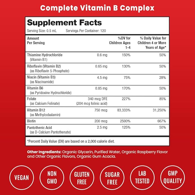 NutraChamps Vitamin B Complex for Kids B1 B2 B3 B6 B7 B9 &amp Methyl B12 Kids B Complex Liquid Drops Supplement Energy Focus Metabolism Natural Berry 120 Servings 4 Month Supply (Pack of