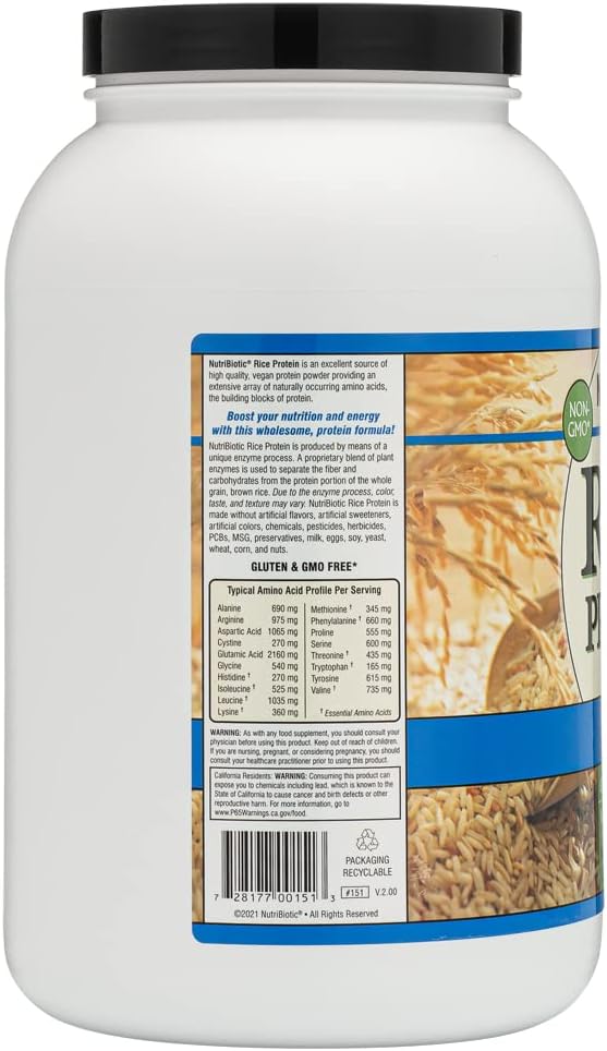 NutriBiotic Plain Rice Protein 3 Lb (1.36kg) | Low Carb Vegan &amp Raw Protein Powder | Grown and Processed Without Chemicals Gluten or GMOs | Keto Friendly &amp Easy to Digest
