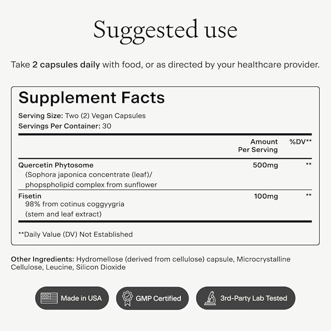 OMRE Quercetin and Fisetin Supplements - Third-Party Tested Senolytic Supplements for Aging Support - 500mg Quercetin Phytosome and 100mg Fisetin - Highly Bioavailable Forms