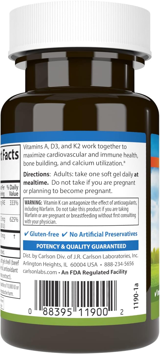 Carlson - Vitamins A D3 K2 3000 mcg RAE Vitamin A 125 mcg Vitamin D3 90 mcg Vitamin K2 as MK-7 Bone Building Calcium Utilization 60 Soft Gels