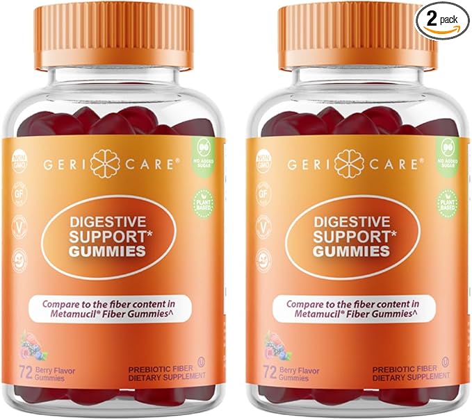 GeriCare Prebiotic Digestive Support Gummies Compare to Metamucil Fiber Gummies Berry Flavor 72 Count Plant-Based Fiber for Gut Health Non-GMO Gluten-Free Vegan Fiber Supplement (2 Pack)