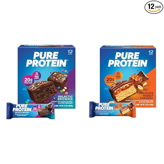 Pure Protein 12 Count Galactic Brownie &amp Chocolate Peanut Caramel Protein Bars Bundle | 20g Protein 190-200 Calories Gluten Free