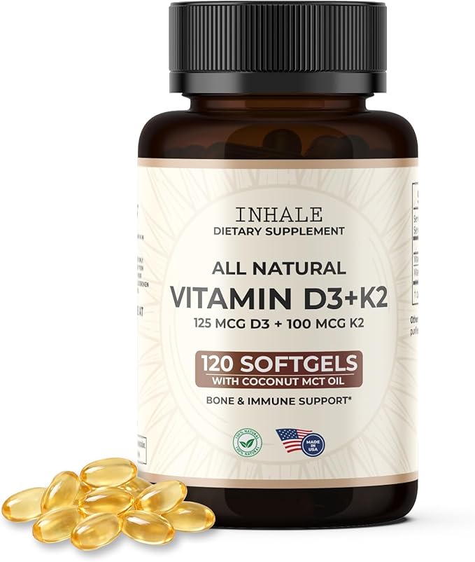 Inhale Vitamin D3 + K2 with Coconut Oil – 5000 IU D3 &amp 100 mcg MK7 K2 for Bone Heart &amp Immune Support – Non-GMO · Soy Free · Gluten Free – 120 Softgels