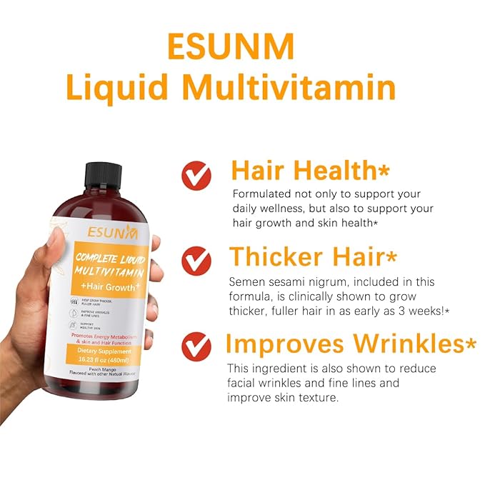 Complete Liquid Multivitamin Hair GrowthSupport for Thicker Hair &amp Facial Wrinkles in Women | Biotin 30mcg | Semen Sesami Nigrum Promotes Energy Metabolism Skin &amp Hair for Ages 18+ | 16.23 Fl
