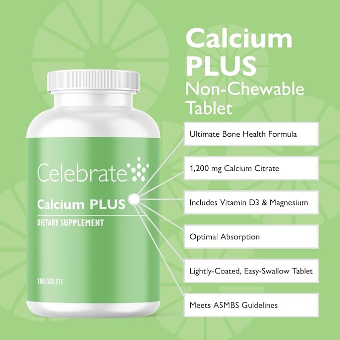 Celebrate Vitamins Calcium Plus – 600mg Calcium Citrate 600 IU Vitamin D3 &amp 50mg Magnesium for Post Bariatric Surgery - Gluten-Free &amp Sugar-Free - 180 Non-Chewable Tablets