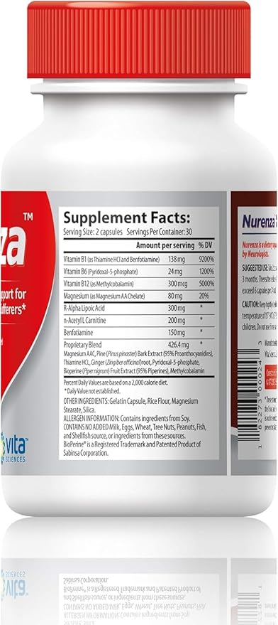Vita Sciences Nurenza Neuropathy Relief Supplement 40x Strength Natural R-ALA Form for Nerve Health Fast Repair w/ Vitamins Antioxidants Revitalizing Feet Hands Legs and Toes. 60 Ct. - Pack of 6