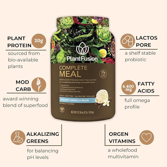 PlantFusion Complete Meal Replacement Shake - Plant Based Protein Powder with Superfoods Greens &amp Probiotics - Vegan Gluten Free Soy Free Non-Dairy No Sugar Non-GMO - Vanilla 2 lb