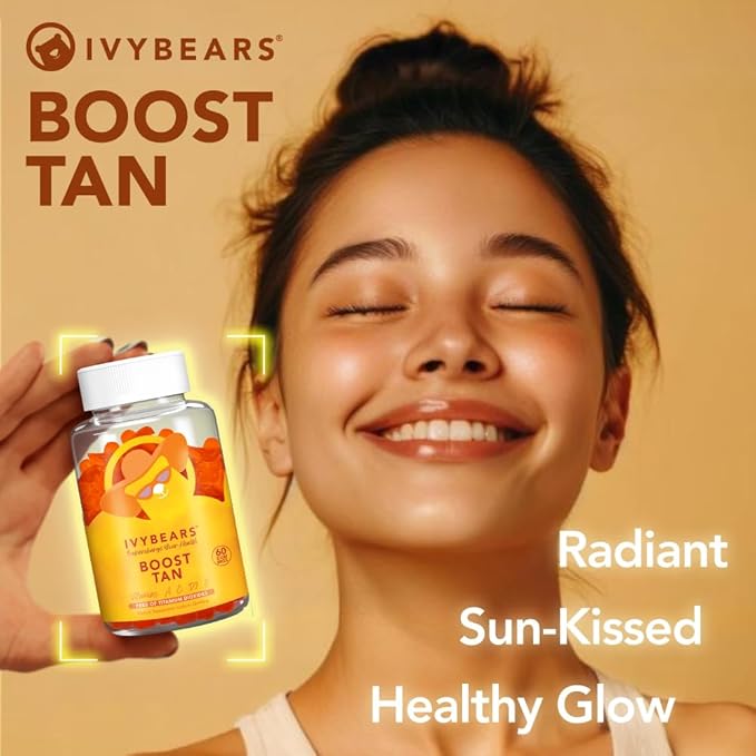 IvyBears® Glow &amp Hair Pack for Women – Hair Vitamin + Glow Tanning Gummies – Vegan Gummies with Biotin Collagen Keratin &amp Beta-Carotene – Hair Growth &amp Natural Tan Support – 60 ct Each