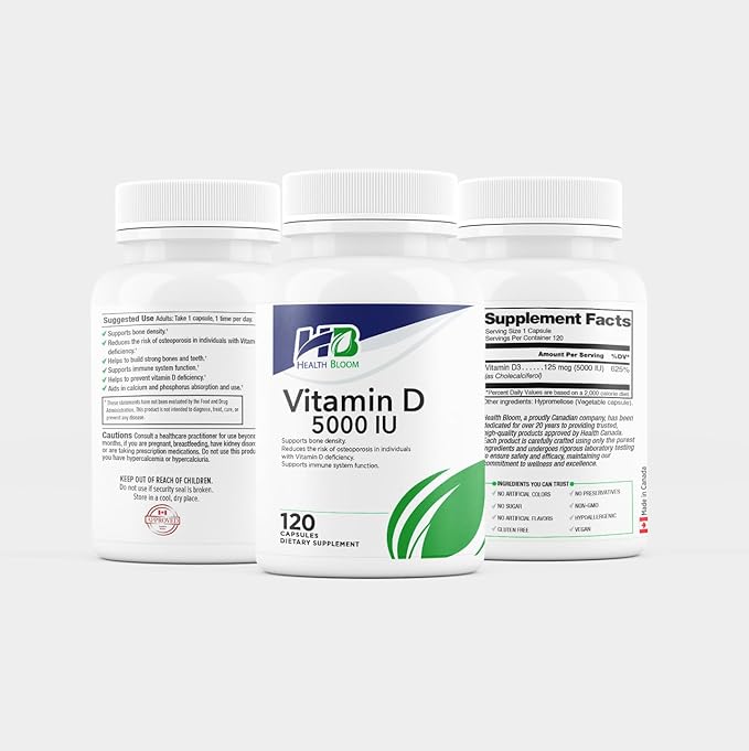 Vitamin D 5000IU | 120 Capsules | Health Bloom | Vitamins and Minerals Capsules |