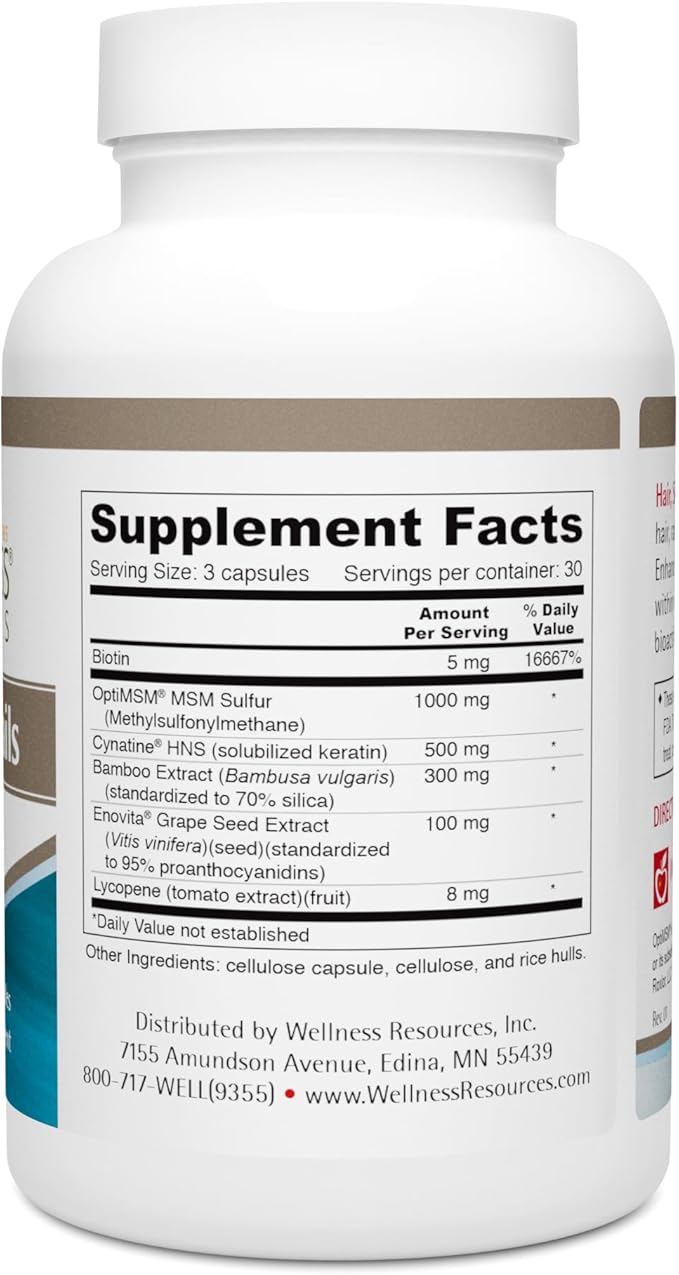 Wellness Resources Hair Skin &amp Nails with Biotin Cynatine HNS Keratin OptiMSM Bamboo &amp Grape Seed Extract – Supplement for Stronger Nails Healthier Hair &amp Youthful Skin (90 Capsules)