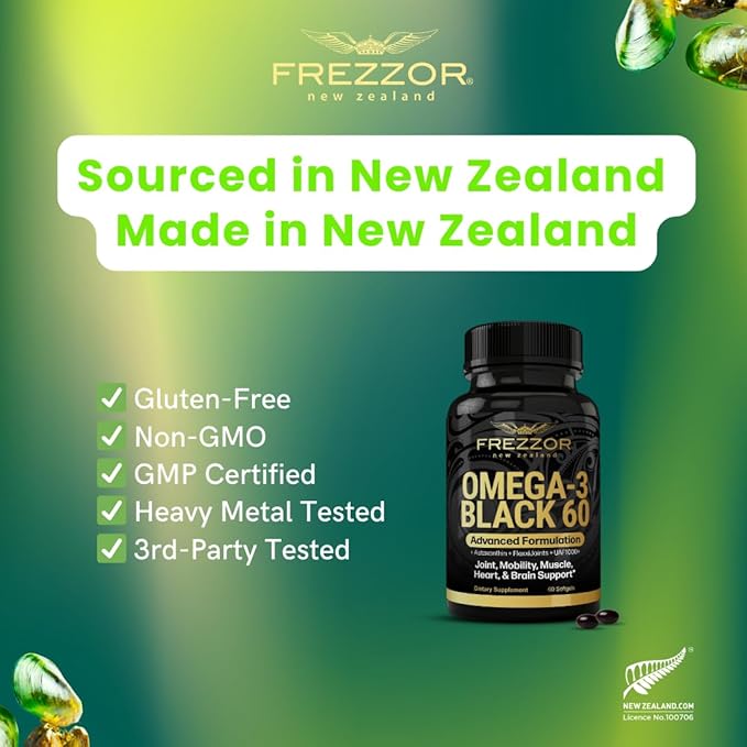 FREZZOR Omega 3 Black Green Lipped Mussel Oil 53x Higher Potency for Superior Joint Comfort &amp Mobility No Fishy Aftertaste 1 Bottle 60 Softgels Plus 1 Bottle of Super Greens