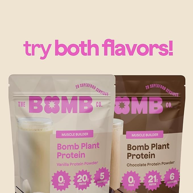 The Bomb Co. Bomb Plant Protein Protein Powder with 21g Protein Amino Acids Zero Sugar Pea Protein Cocoa Chia Seeds Pumpkin Seeds Vanilla &amp Monk Fruit Gluten Free Chocolate Flavor 20 Sr