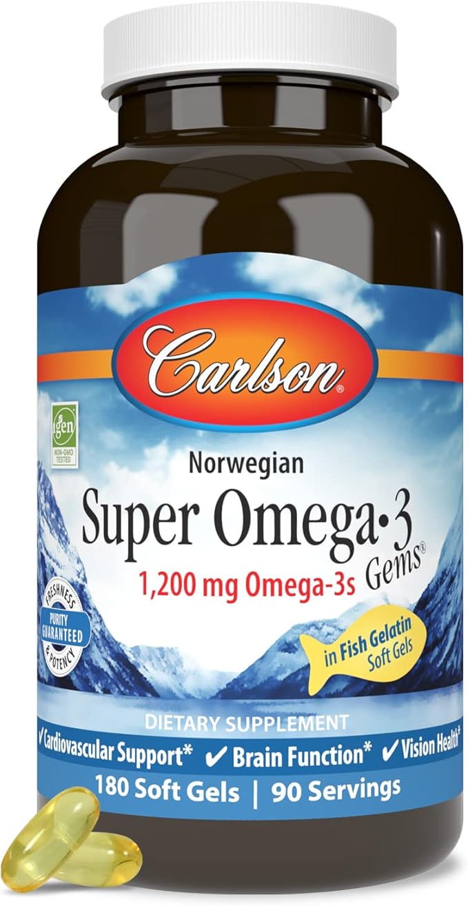 Carlson - Super Omega-3 Gems 1200 mg Omega-3s Cardiovascular Support Brain Function &amp Vision Health Norwegian 180 soft gels