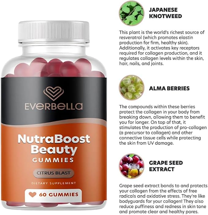 Nutraboost Beauty Gummies Vegan Collagen Booster Biotin Skin Hair and Nails Vitamin A E C Citrus Flavor 30 Day Supply Sugar-free