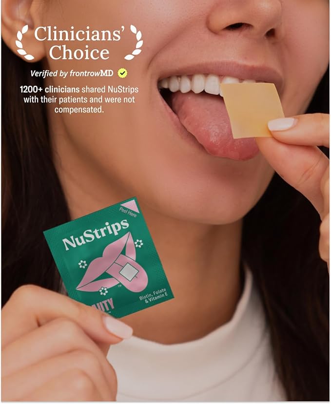 NuStrips™ Fast-Dissolving Beauty Strips with Biotin Folate &amp Vitamin E – Hair Skin &amp Nails Supplement – Supports Hair Growth &amp Reduces Hair Fall – Non-GMO Vegan – Delicious Strawberry (