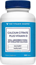 The Vitamin Shoppe Calcium Citrate 400IU - Bone Strength Teeth Health &amp Muscle Function Highly Absorbable (240 Tablets)