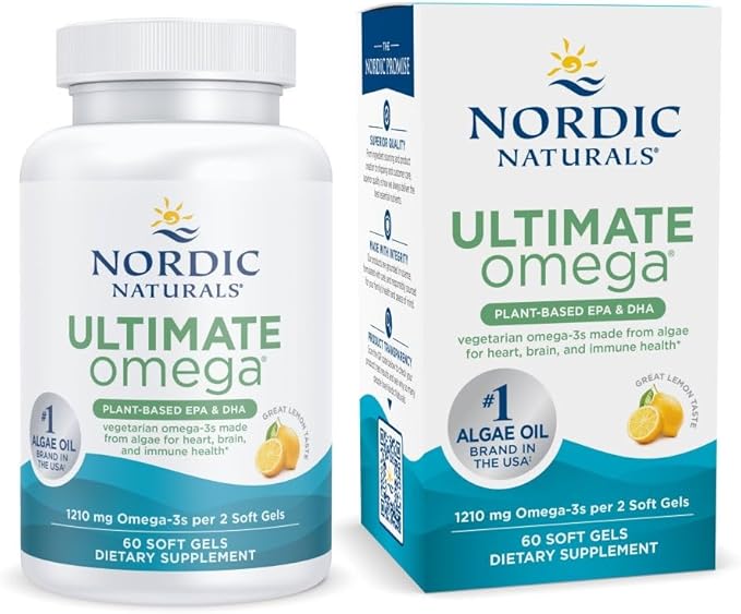 Nordic Naturals Plant Based Ultimate Omega Lemon Flavor - 60 Vegetarian Soft Gels - 1210 mg Omega-3 - Vegan EPA and DHA - Supplement Made from Algae - Brain &amp Heart Support - Non-GMO - 30 Serving