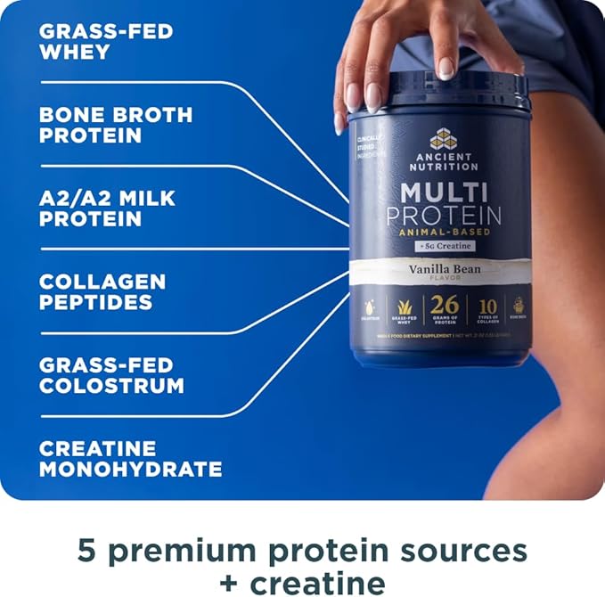 Ancient Nutrition Multi Protein Animal Based Powder + Creatine 26g Protein Grass Fed Whey Bone Broth Collagen Peptides 5g Creatine Monohydrate Colostrum &amp Probiotics Vanilla Bean 15 Servin