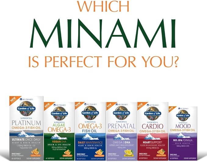 Garden of Life Minami Algae Omega 3 Vegan DHA for Brain and Eye Health - Orange Flavor 500mg Plant Based DHA Omega-3 Vegan Algae Oil plus Astaxanthin No aftertaste 60 easy-to-swallow Mini Softgels