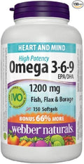 Webber Naturals Omega 3-6-9 High Potency 1200 mg Fish Flax &amp Borage 150 Softgels