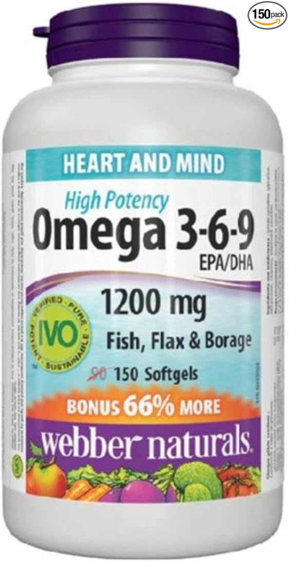 Webber Naturals Omega 3-6-9 High Potency 1200 mg Fish Flax &amp Borage 150 Softgels