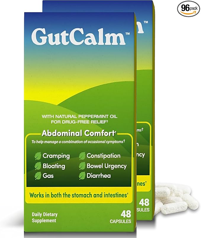 GutCalm - IBS Relief - Peppermint Oil Capsules - Bloating Gas Constipation and Digestive Comfort Supplement - 48 Capsule Bundle - 96/ct