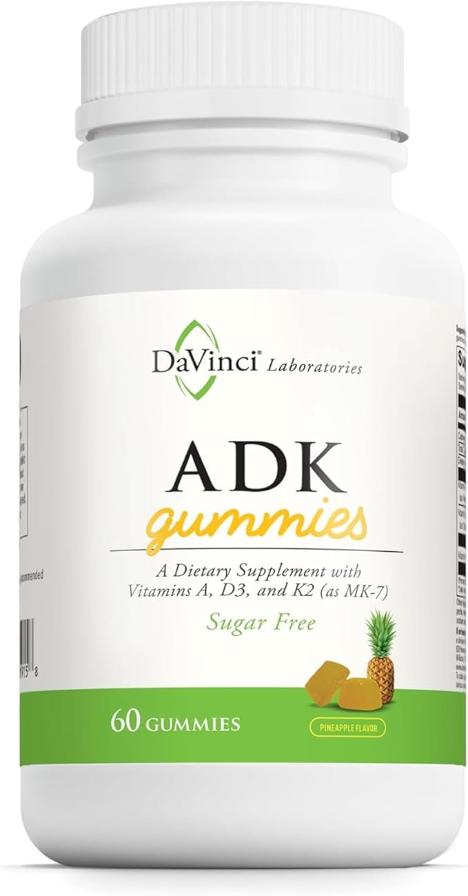 DAVINCI Labs ADK Gummies - Helps Support Bone Health &amp Immune Response* - Multivitamin Gummy with Vitamins A D3 &amp MK-7 - Vegetarian Gluten Free Soy Free - Pineapple Flavor - 60 Gummies