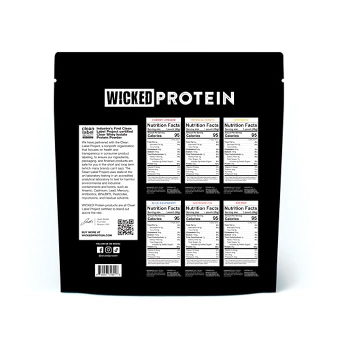 WICKED Protein Clear Whey Isolate Variety Pack 23g Protein 6 Flavors 95 Calories 0-1g Sugar Nothing Artificial No Sucralose Clean Label Project Certified Gluten Free 0g Lactose 12 Pack