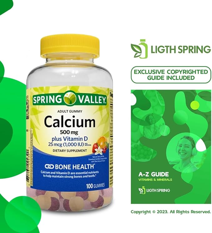 Calcium Plus Vitamin D Adult Gummies 500 mcg 1000 IU Assorted Flavors 100 Ct (3 Pack) Bundle with Exclusive Vitamins &amp Minerals - A to Z - Better Ligth&ampSpring Guide (4 Items)
